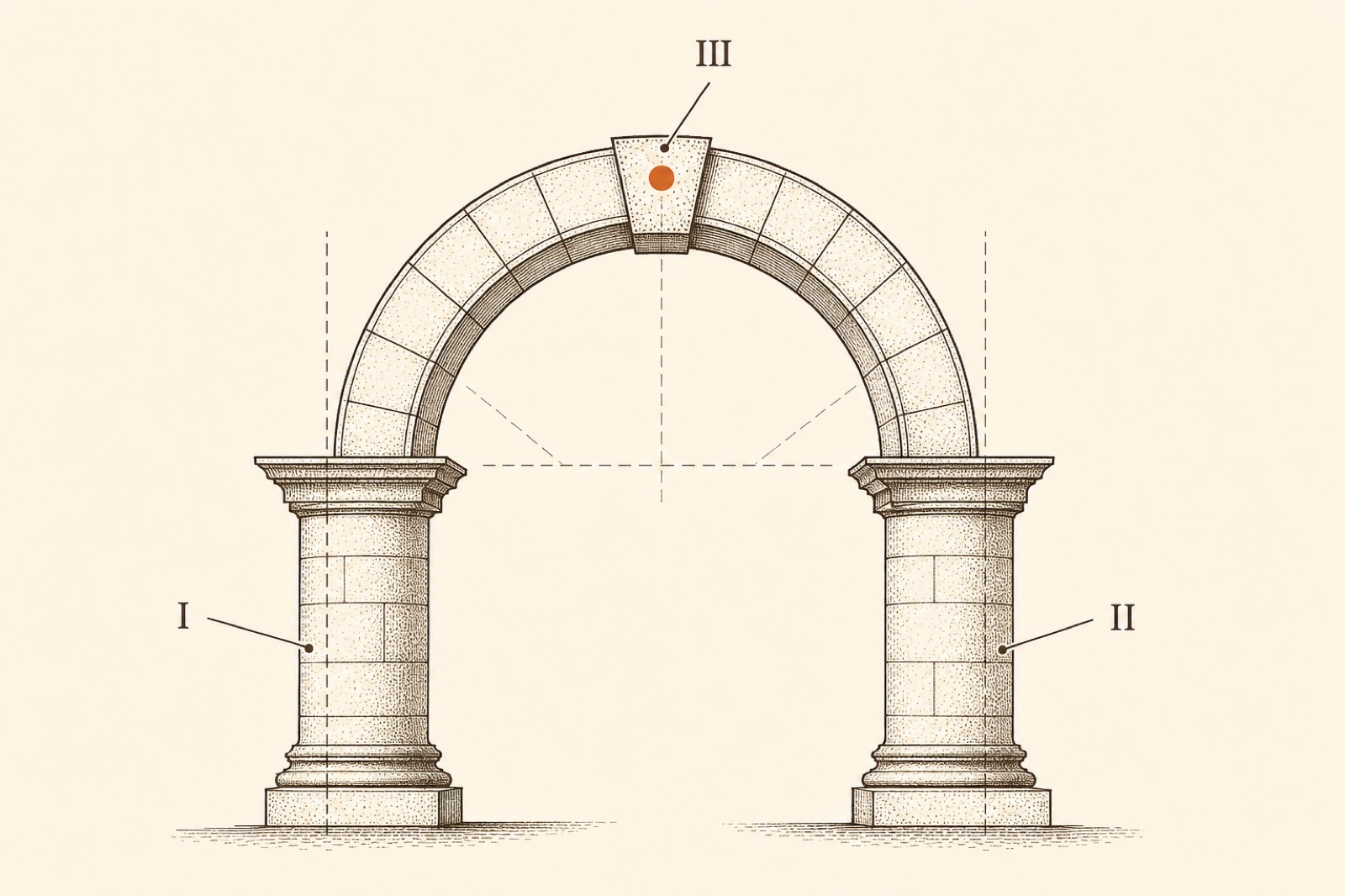 Interlock plate: a hand-drawn arch - two columns and a keystone - as the three pillars of one system.