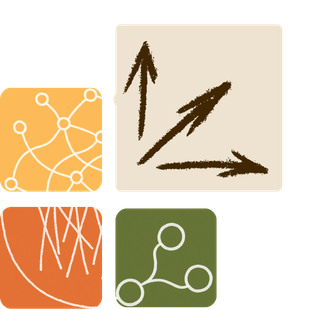 Four rounded tiles - a network, arrows, root lines, and a linked path - one architecture, many systems